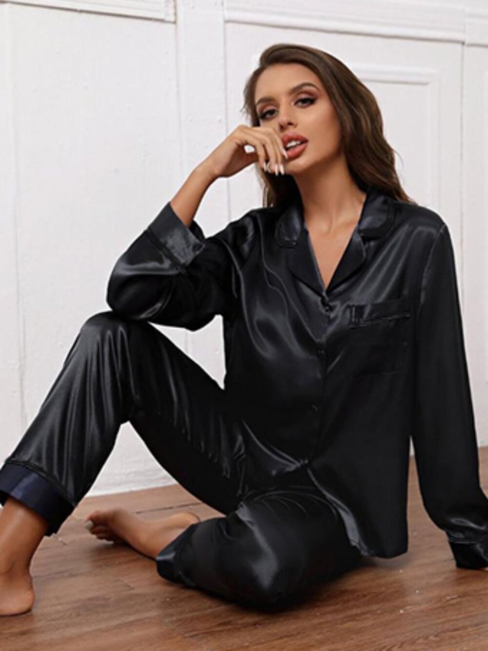 SWOMOG Women Pajamas Matching Pajamas Set Silk Satin  Long Sleeve Size M Black